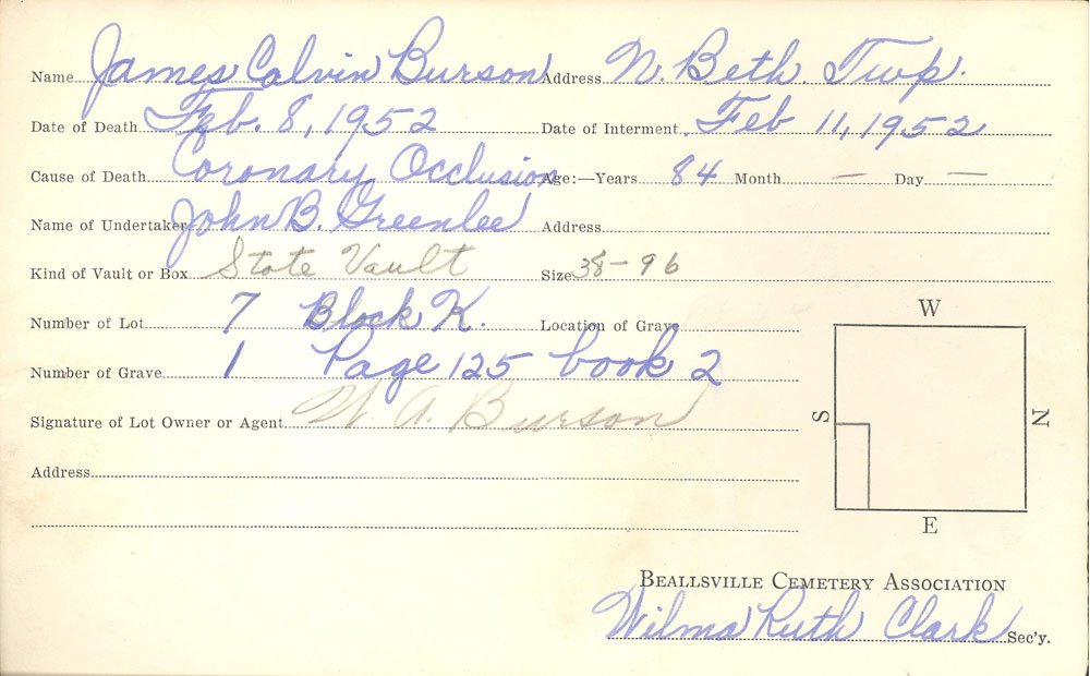 James Calvin Burson burial card